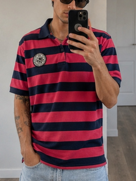 Max Edition Other - Y2K British Rugby Polo Mens Medium Pink Blue Striped Warwick Britain England Max